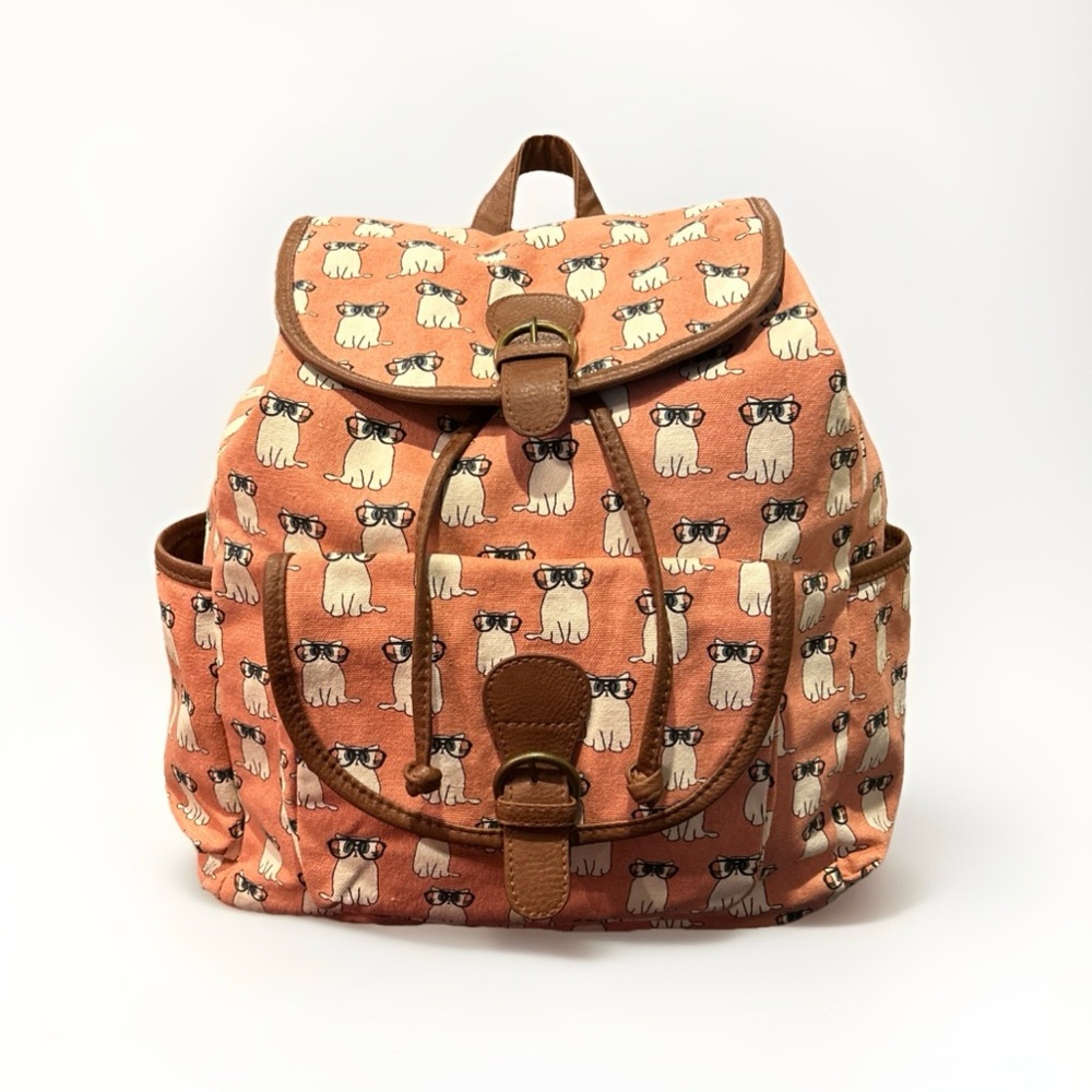 Cat In Glasses Pink Canvas and Leather Flap Top Backpack